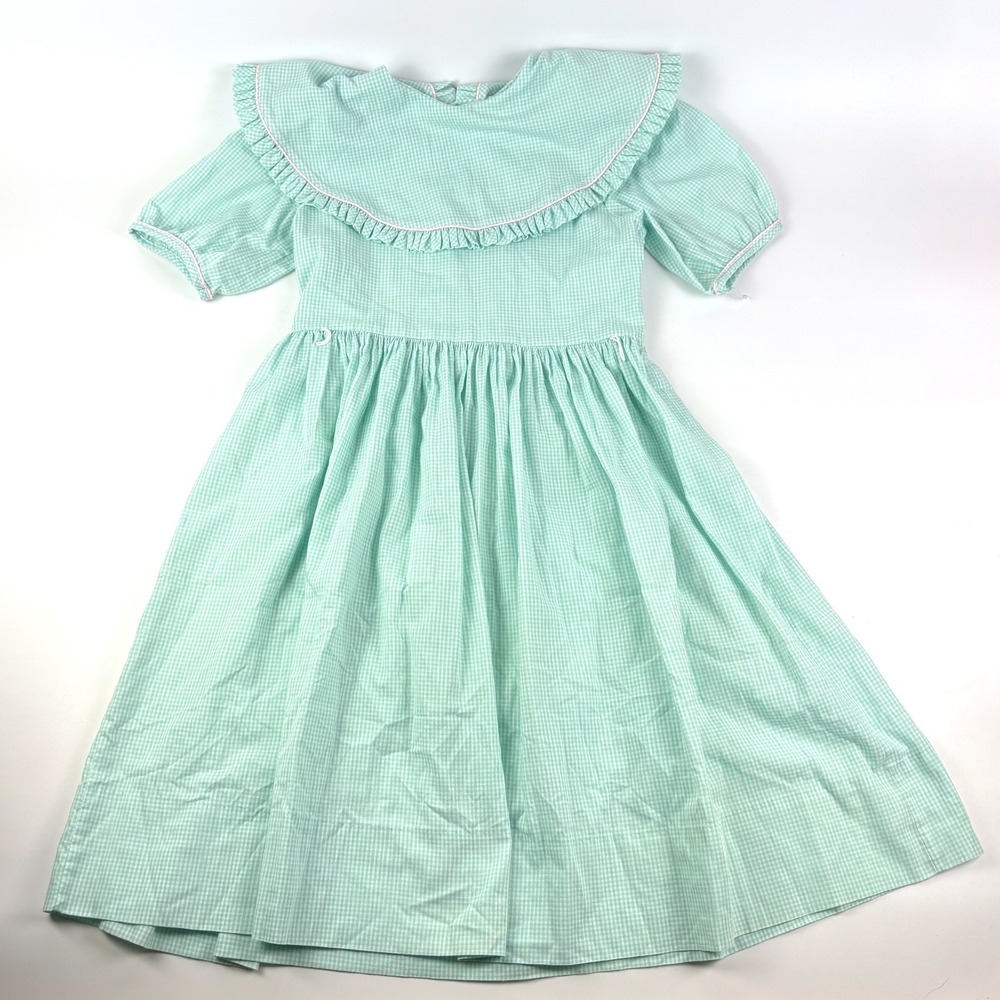 VTG Caroline Classics Gingham Dress‎ Girls Sz 8 Green Pink Trim Ruffle Prairie